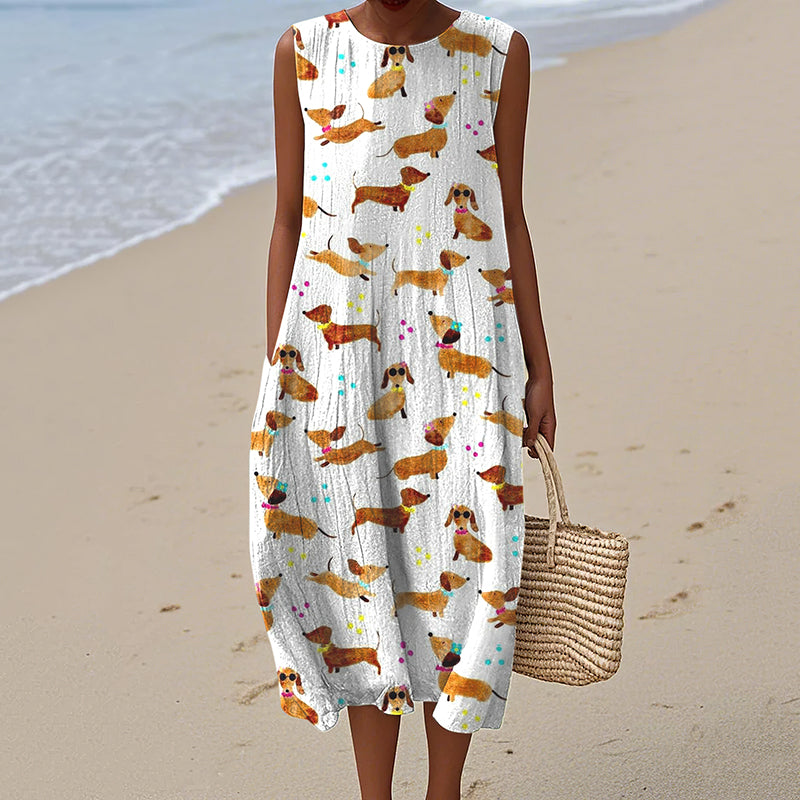 Women's Dachshund Dog Art Print Linen Tank Midi Dress artswardrobe