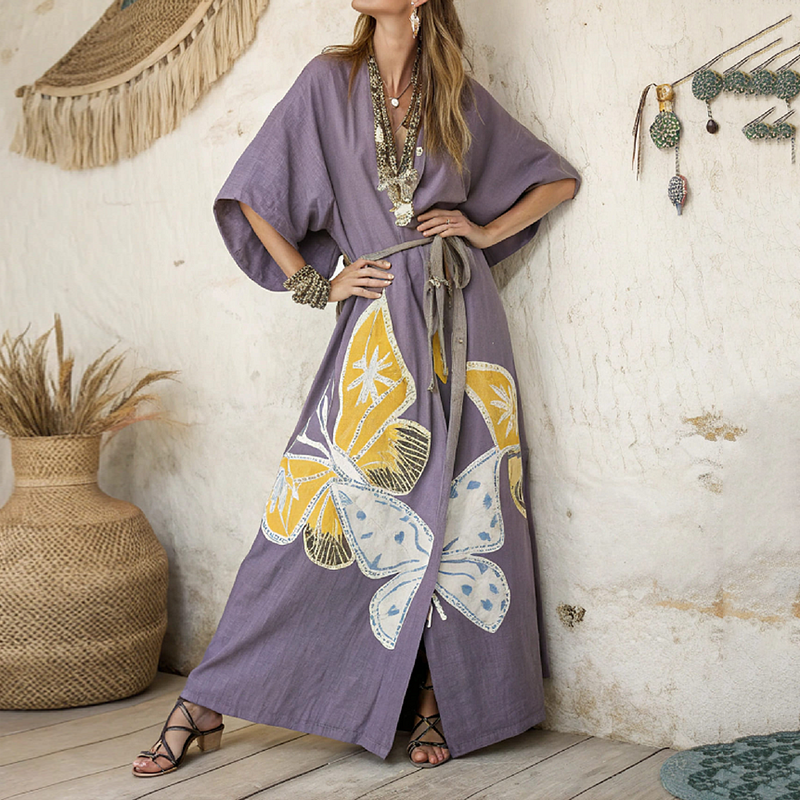 Women's Butterfly Art Linen V-neck Robe artswardrobe