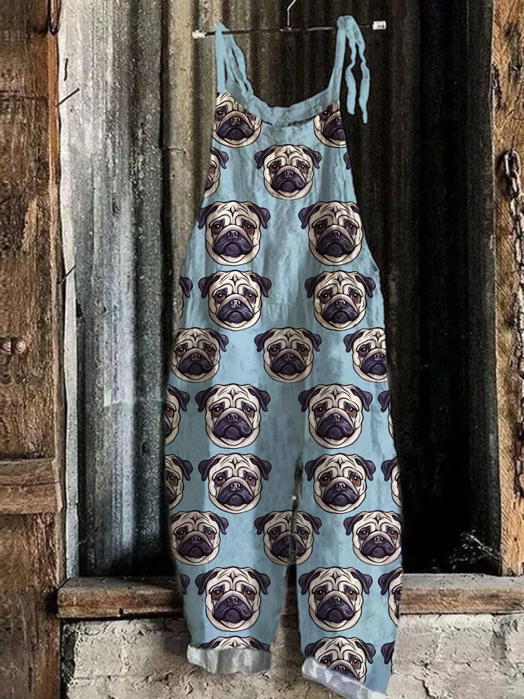 Comstylish Pug Dog Puppy Cute Pattern Linen Casual Jumpsuit