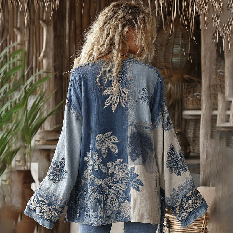 Retro Bohemian Floral With Maple Leaf Art Embroidery Print Cotton And Linen Blend Kimono Cardigan artswardrobe