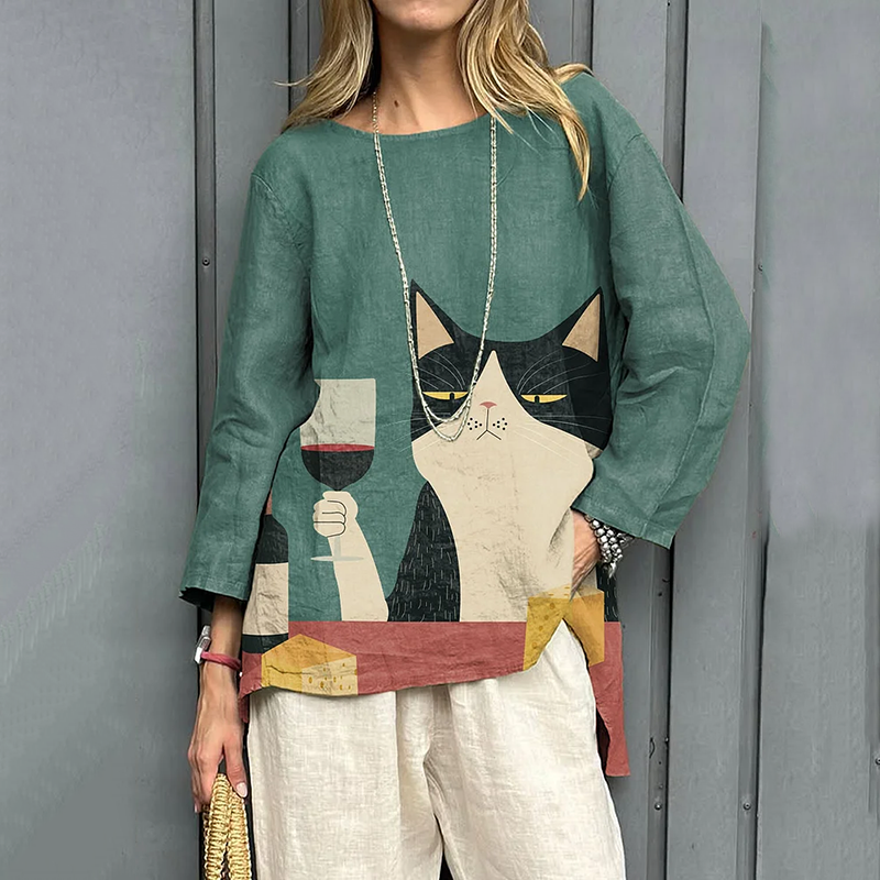 Women's Vintage Color Block Cat Art Print Linen T-shirt artswardrobe
