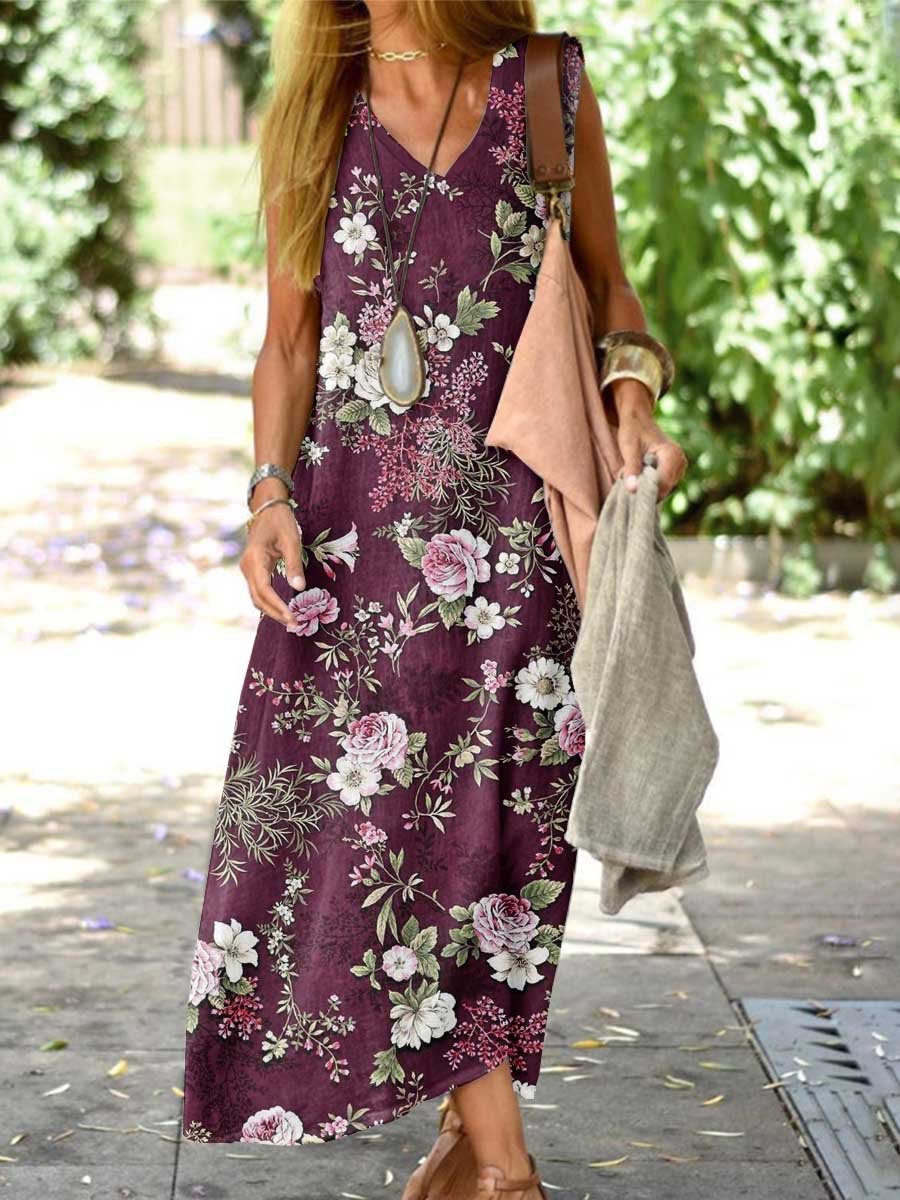 Women's Vintage Floral Art Pattern Round Neck Cotton and Linen Dress with Pockets