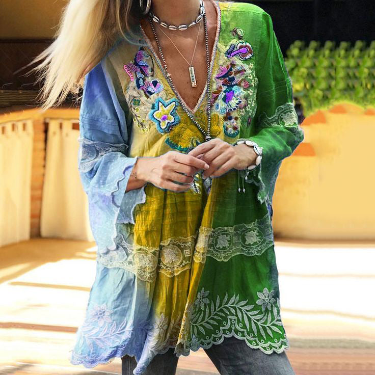 Vintage Boho Purple Floral Embroidered Color Block Patchwork Linen V-neck Tunic artswardrobe