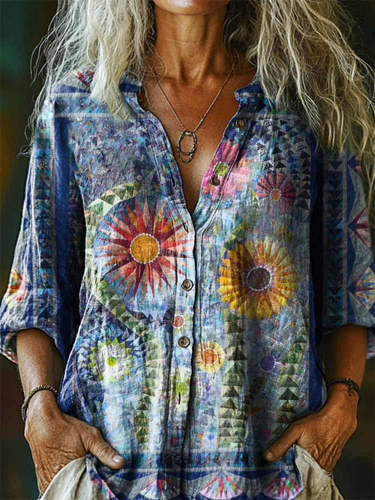Women's Vintage Bohemian Floral Art Print Casual Cotton Linen Shirt