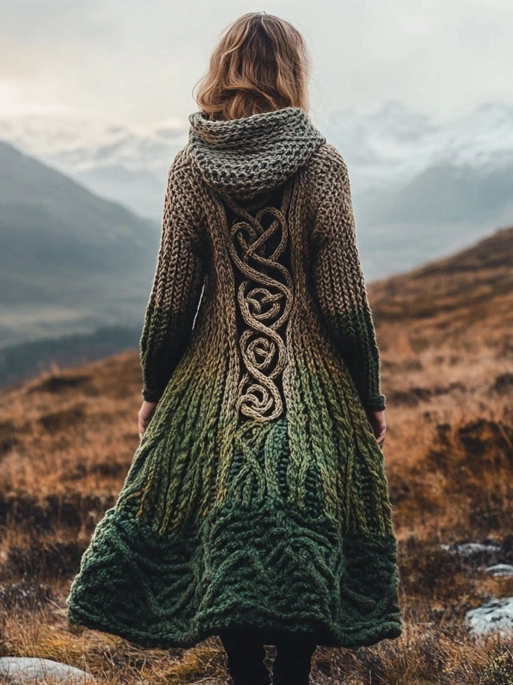 Women's Vintage Contrast Color Celtic Knot Chunky Knit Hooded Cardigan elevenforest