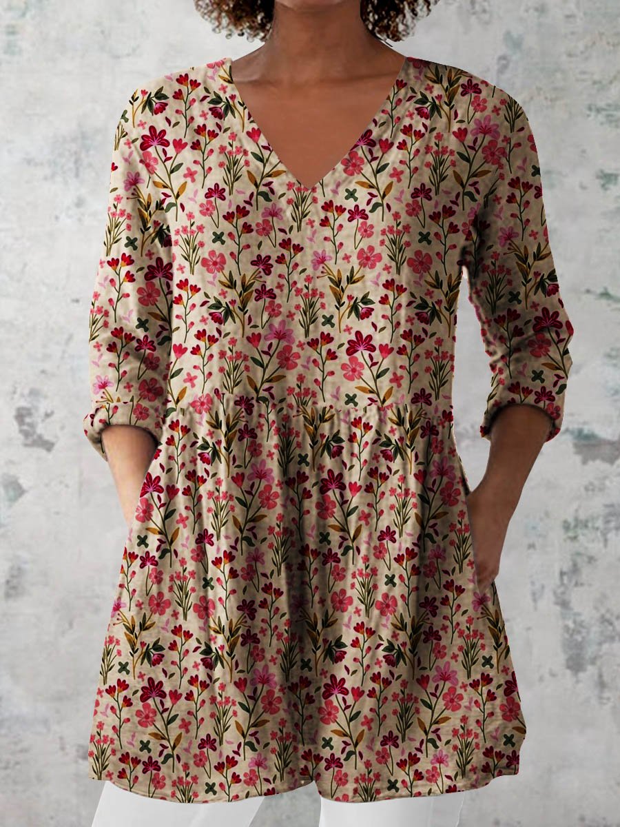 Women's Retro Floral Art Print Casual Cotton And Linen V-neck Top