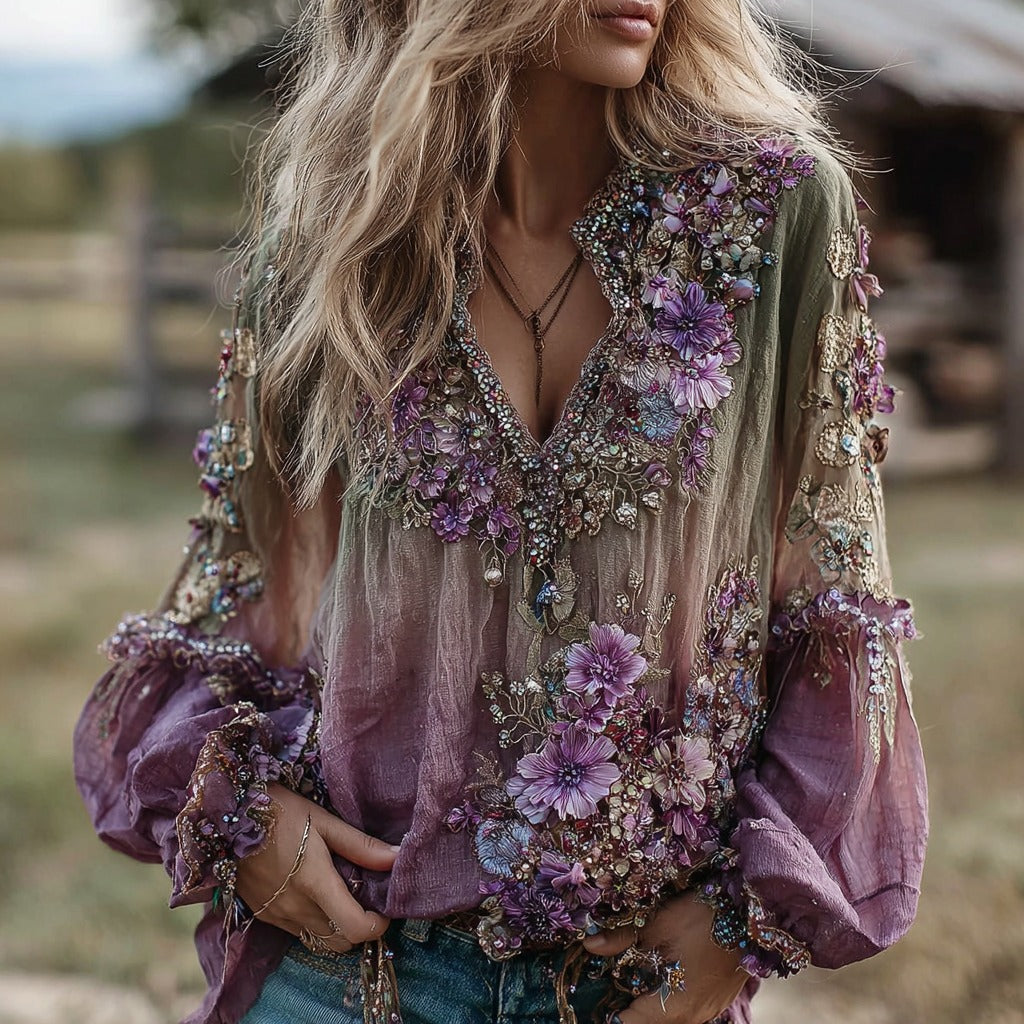 Comstylish Vintage Classy Gradient Daisy Embroidered Art Linen Long Sleeve Blouse