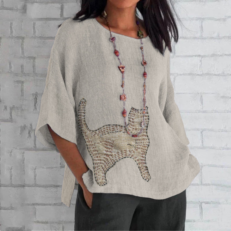Women's Cat Patch Sashiko Embroidery Art Loose Crew Neck Tops elevenforest