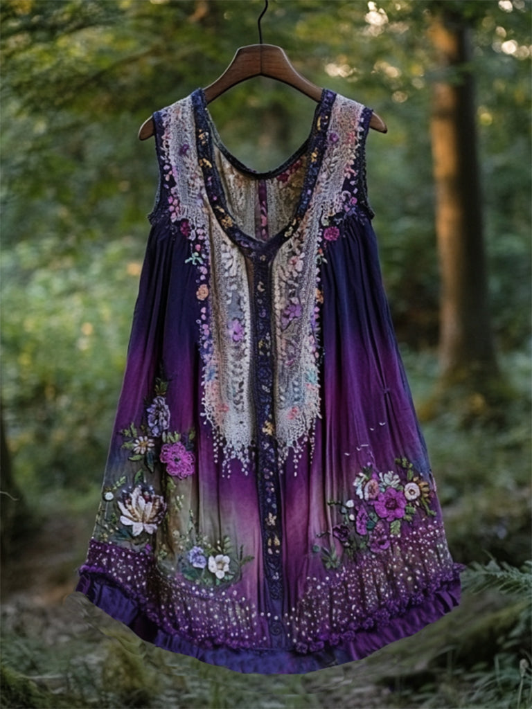 Boho Lavender Art Linen Patchwork Art Sleeveless Tank Top artswardrobe