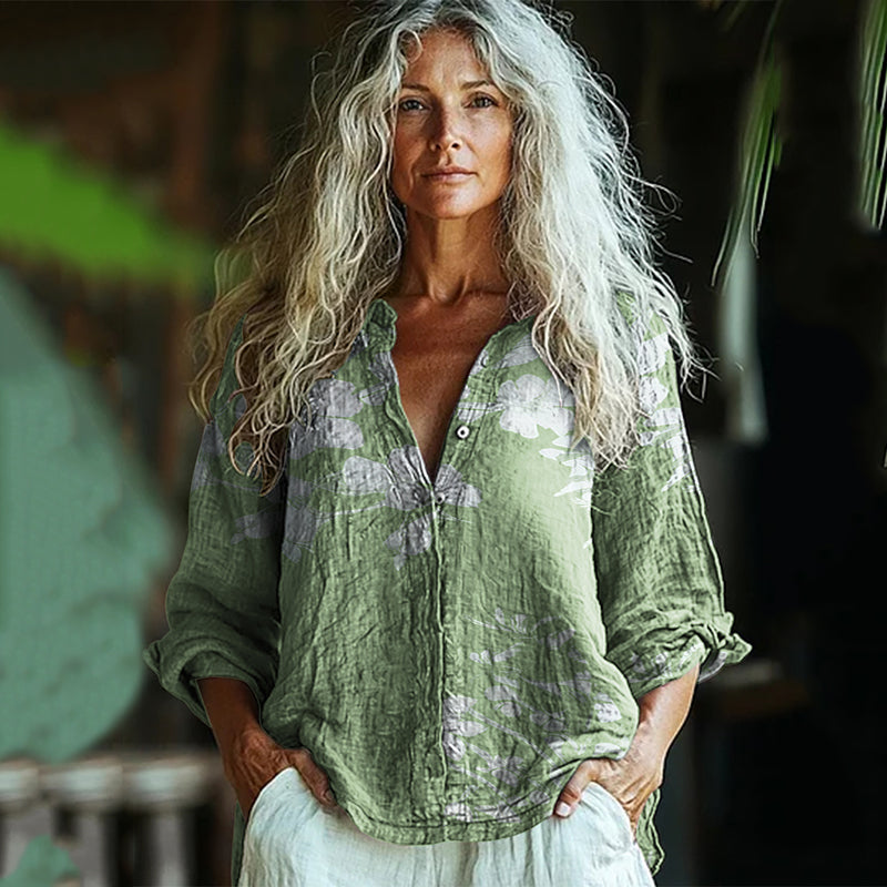 Bohemian Style Linen Floral Art Print Long Sleeve Shirt artswardrobe