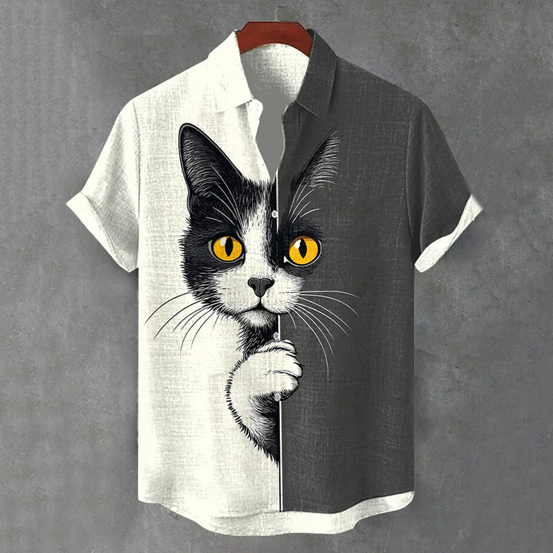 Men's The Peeping Cat Colorblock Art Casual Short Sleeve Shirts elevenforest