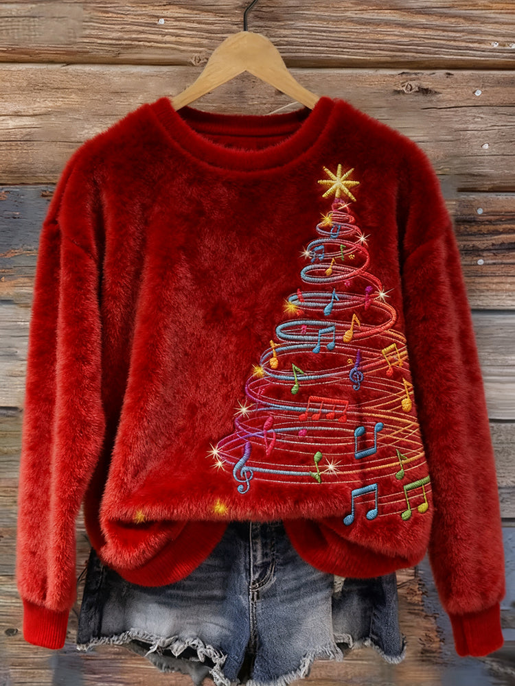 Vintage Musical Christmas Tree Embroidered Plush Sweater artswardrobe