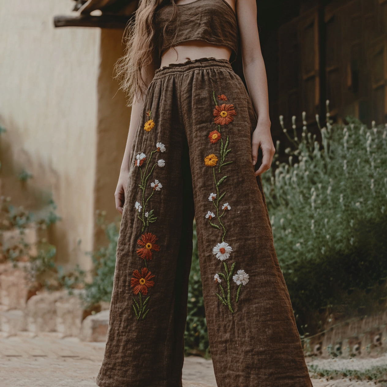 Women's Retro Linen Floral Boho Loose Wide-leg Trouser Pants artswardrobe