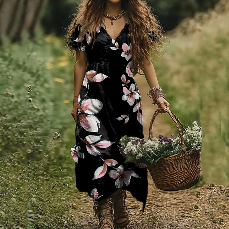 Women's Sakura Art Print V-neck Linen Blend Midi Dress artswardrobe