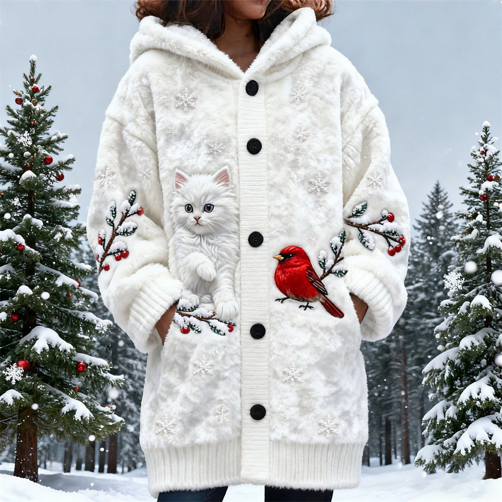 Christmas Cat & Bird Women's Hooded Flannel Cardigan elevenforest