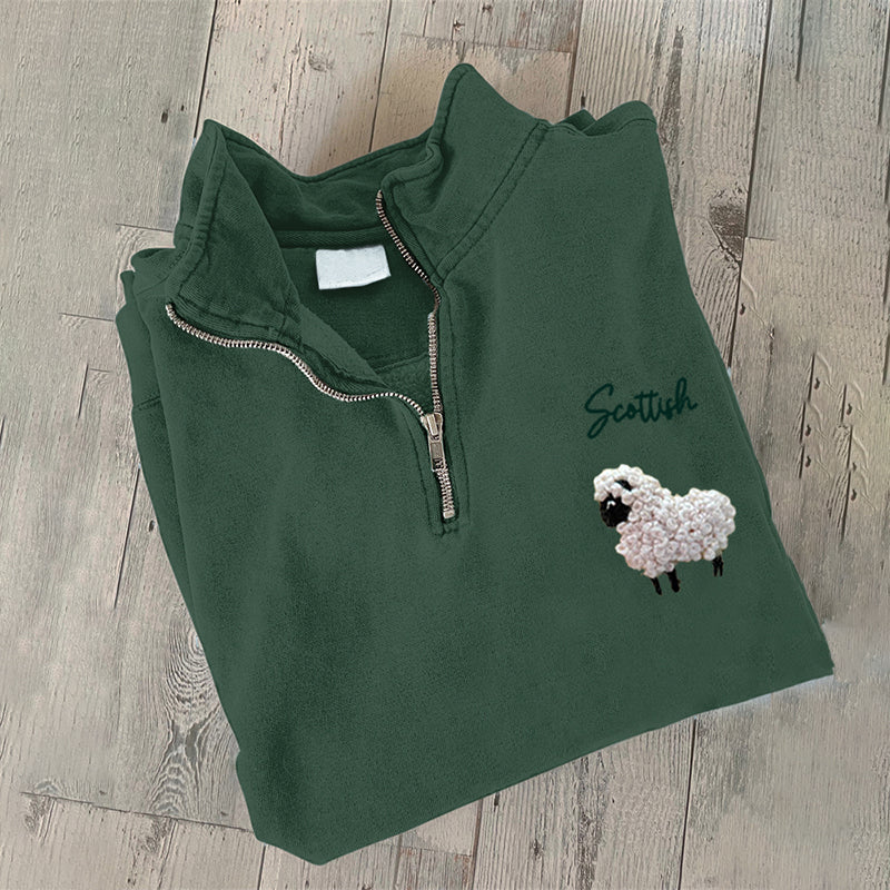 Vintage Scotland Highland Sheep Embroidery Zipper Casual Sweatshirt artswardrobe