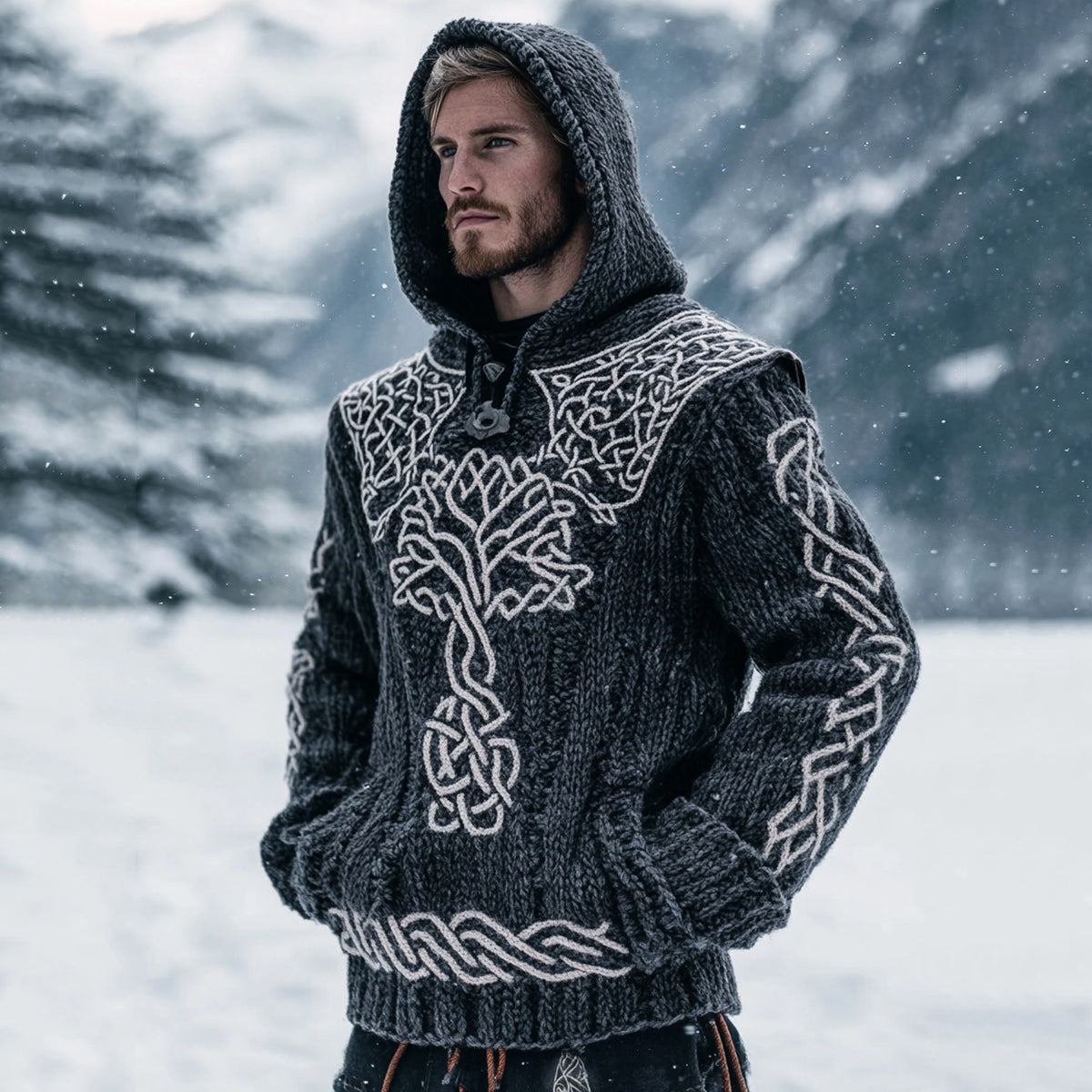 Men's Viking Tribal Life Of Tree Inspired Knit Pocket Hooded Sweater elevenforest