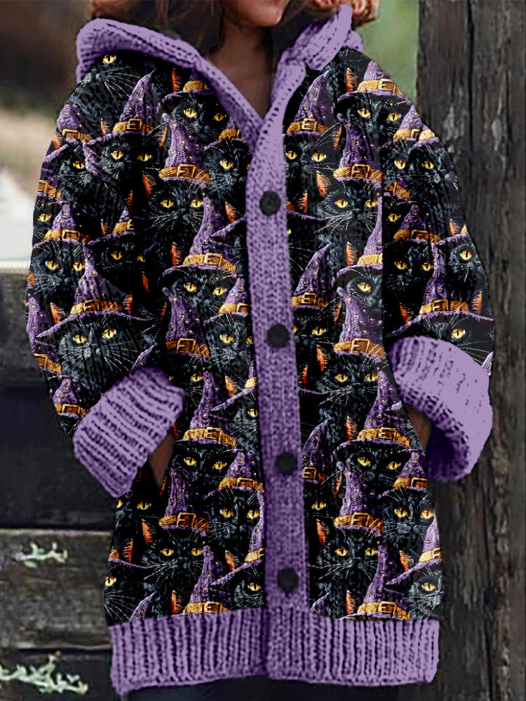 Comstylish Witchy Cat Embroidery Art Cozy Hooded Cardigan