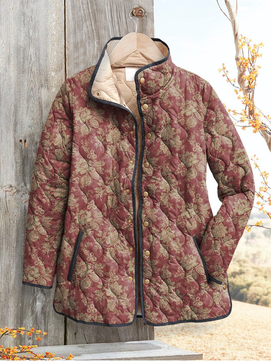 Vintage Style Floral Pattern Printed Women's Casual Quilted Cardigan