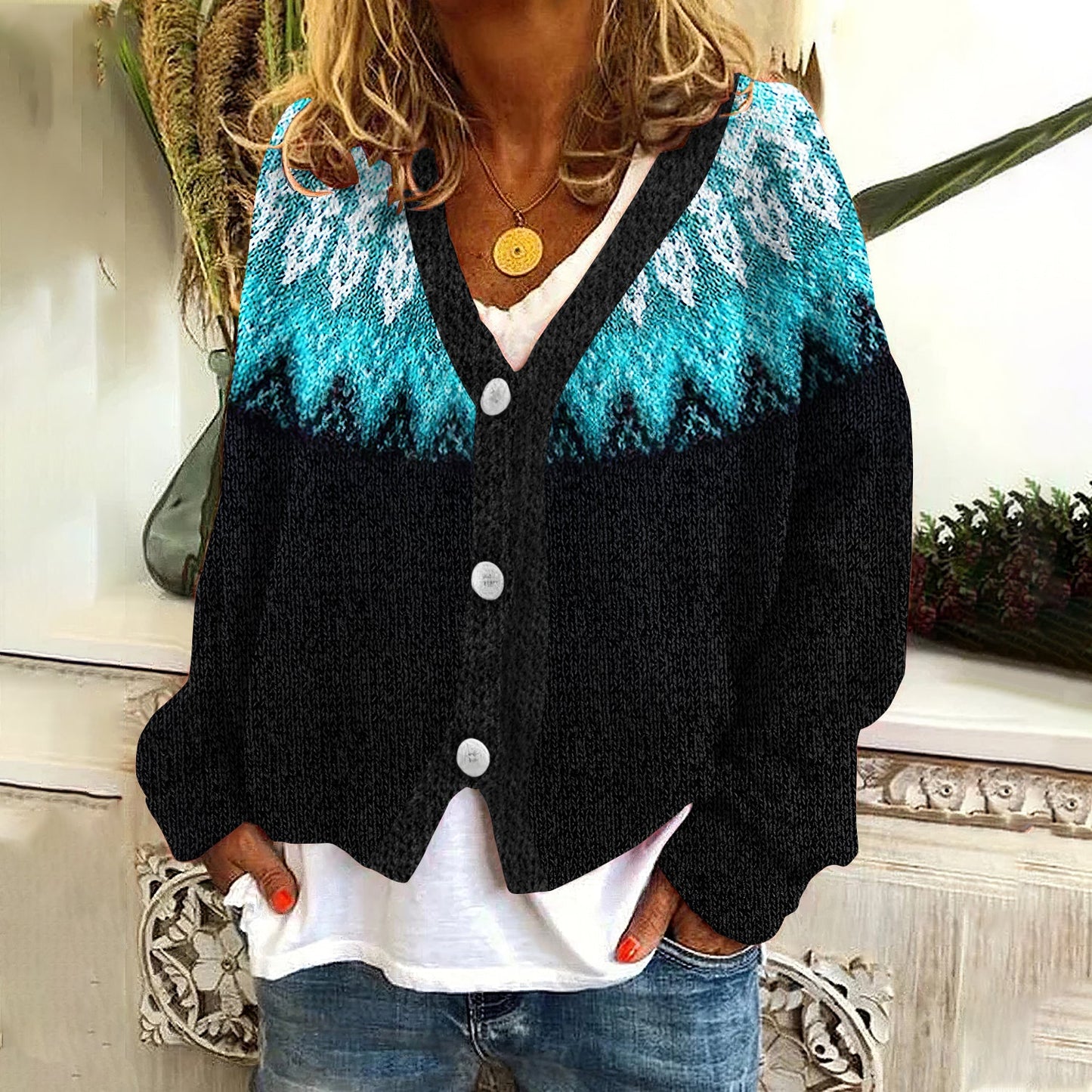Vintage Tribal Icelandic Pattern Cozy V-Neck Long Sleeved Knitted Cardigan elevenforest