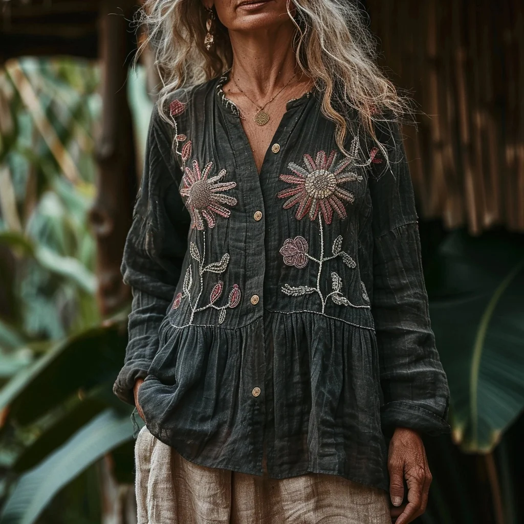 Bohemian Style Linen Floral Art Print Long Sleeve Loose Shirt artswardrobe