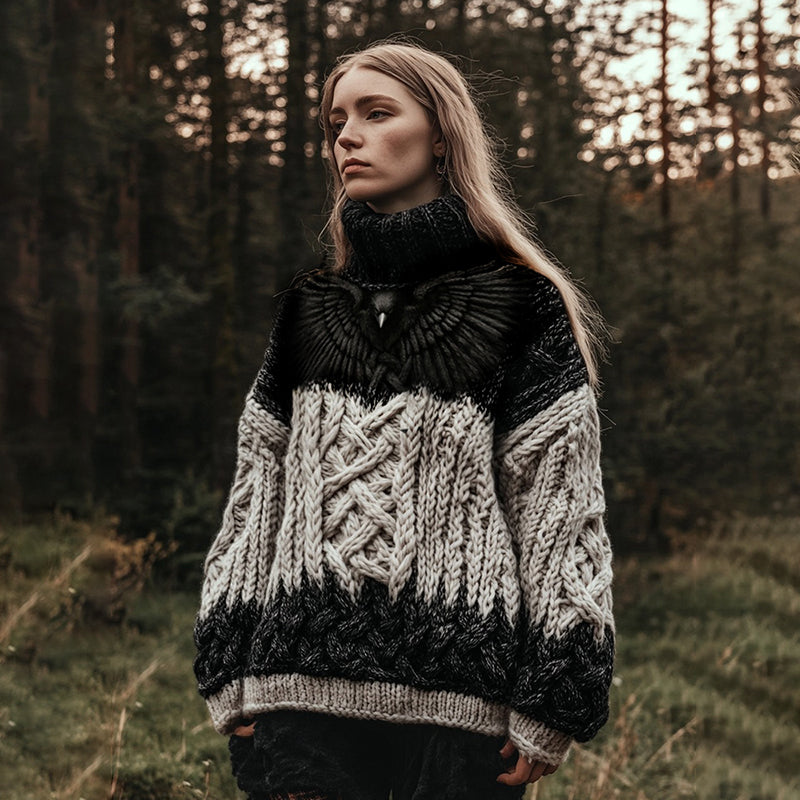 Women's Viking Rune Gradient Bird Graphics Celtic Jacquard Turtleneck Sweater elevenforest
