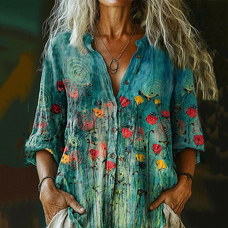 Women's Floral Art Long Sleeve Casual Linen Henley Collar Shirt artswardrobe
