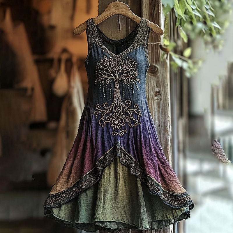 Women's Vintage Viking Tree Of Life Gradient Linen Dress artswardrobe