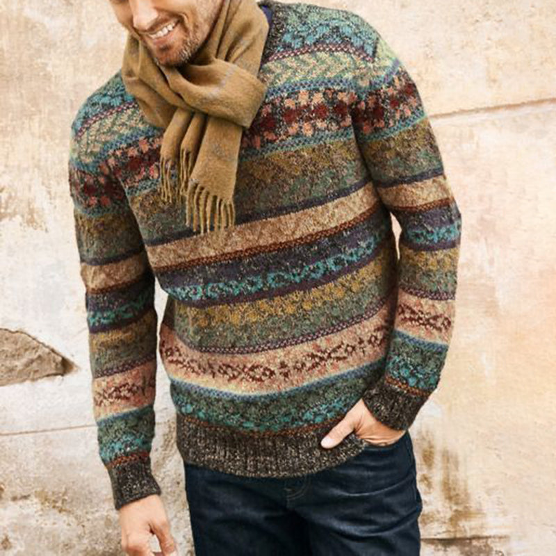 Vintage Knitted Striped Jacquard Crew Neck Sweater elevenforest