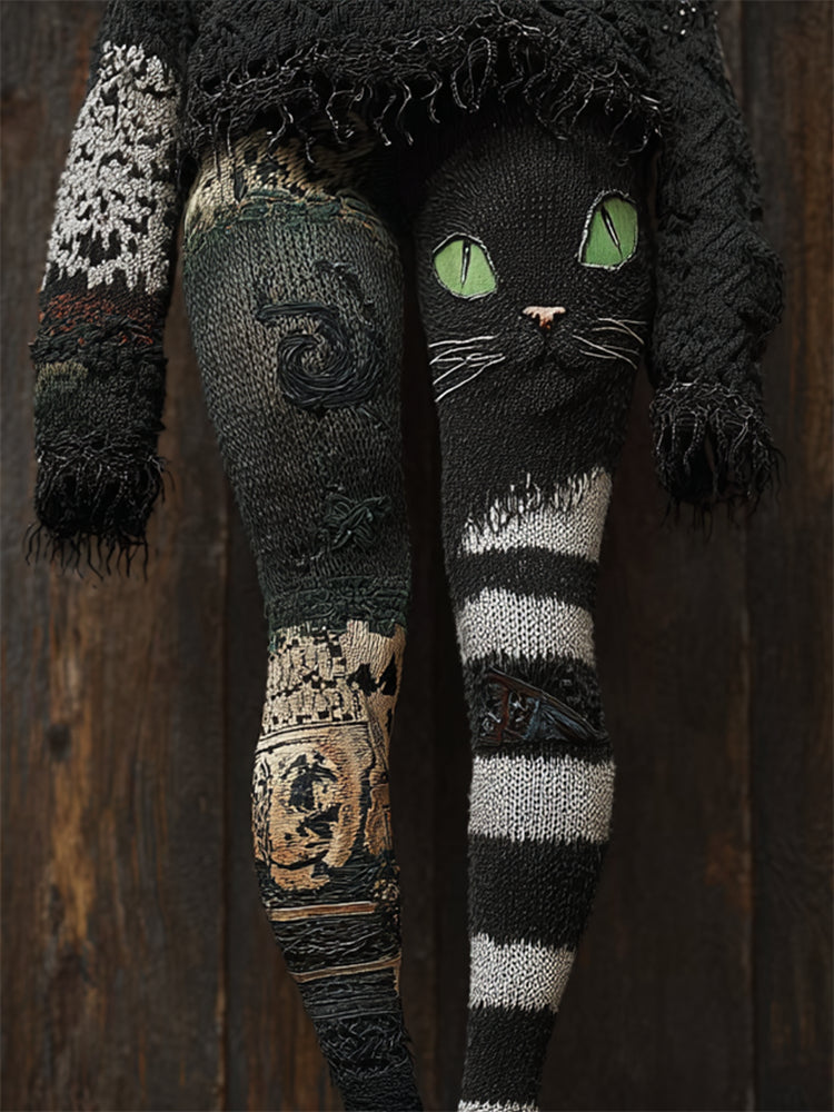 Vintage Halloween Black Cat Striped Cozy Knit Leggings elevenforest