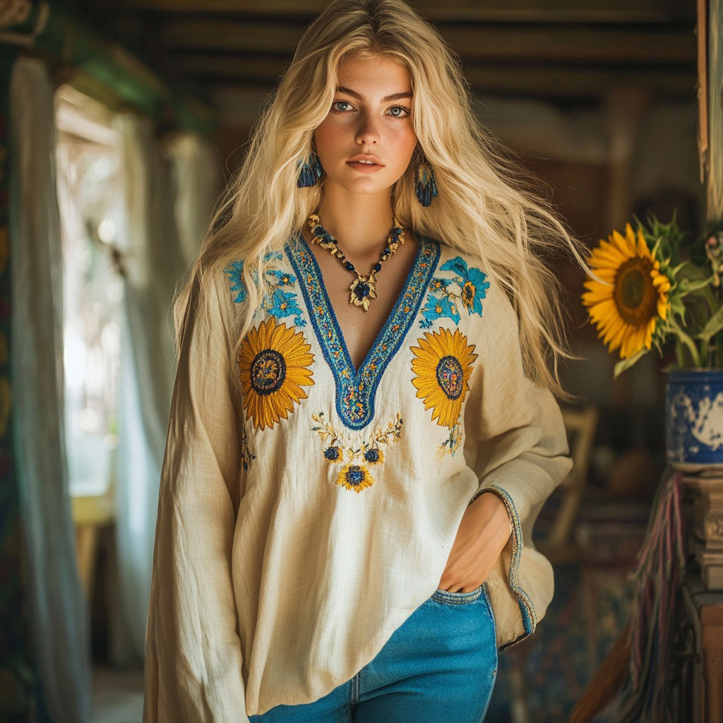 Retro Ukraine Sunflower Embroidery Blend Linen V Neck Loose Blouse artswardrobe