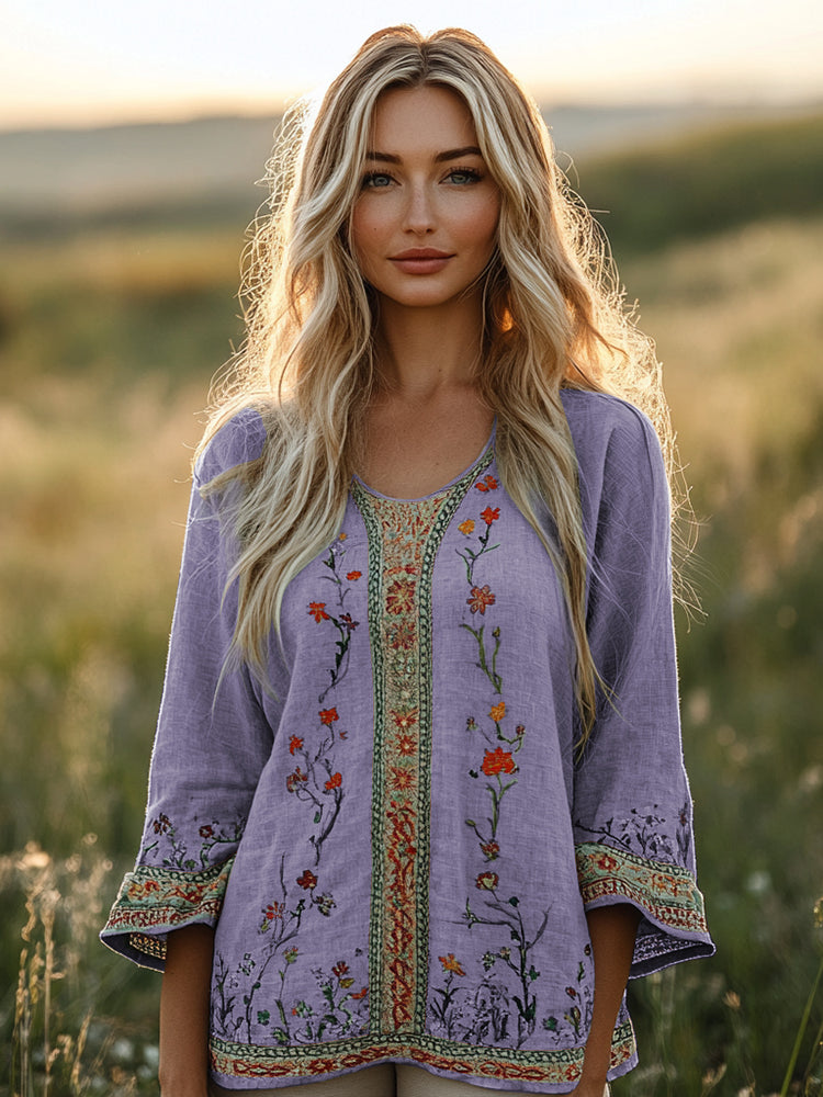 Retro Bohemian Floral Embroidery Art Graphics Linen Blend Loose Blouse artswardrobe