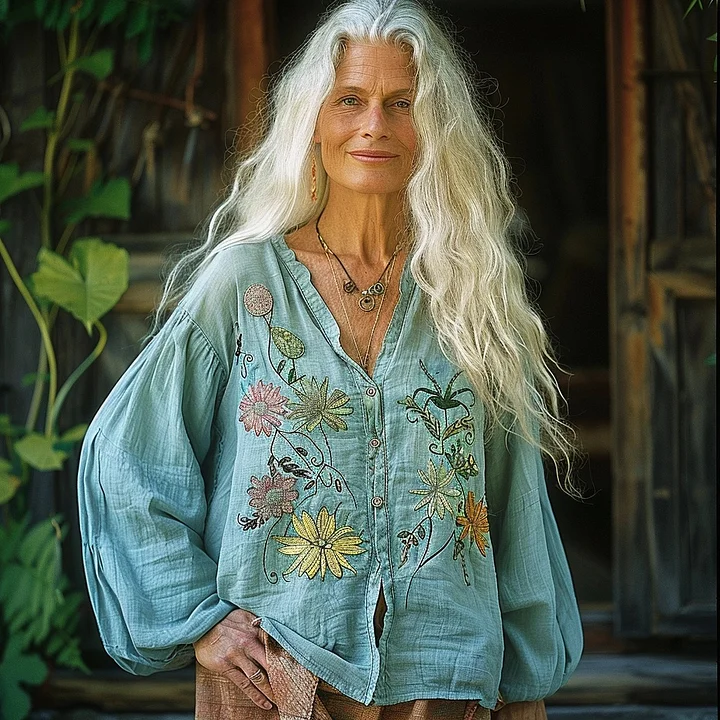 Vintage Bohemian Style Linen Floral Art Print Long Sleeve Loose Shirt artswardrobe