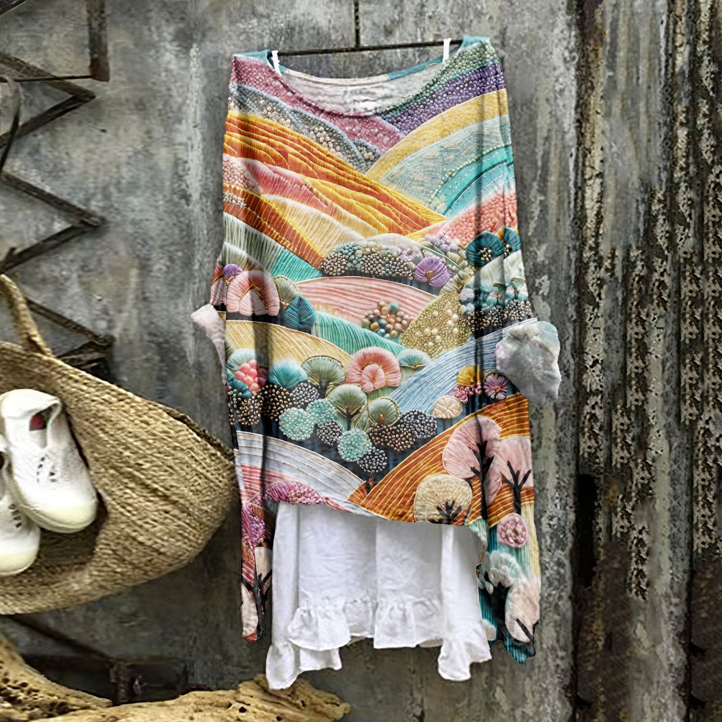 Vintage Dreamy Colorful Village Loose Linen Cozy Shirt Tunic Top artswardrobe