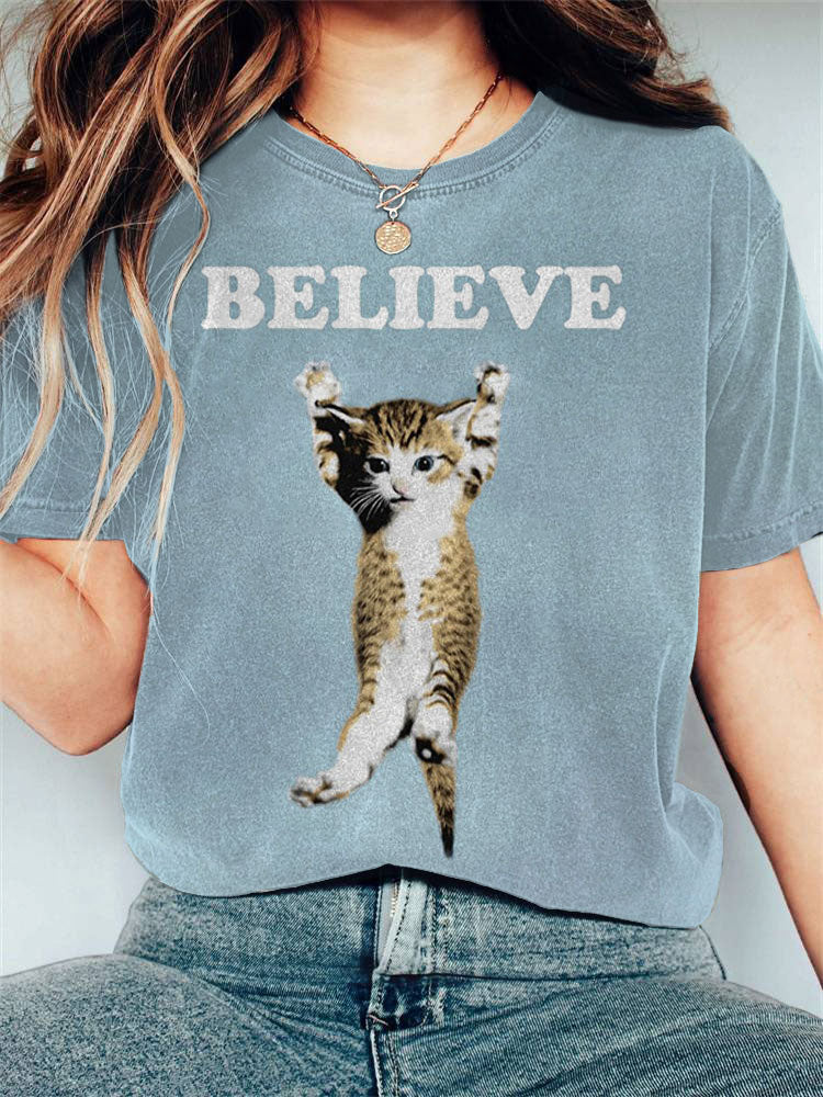 Women's Casual Art Funny Black Cat Print T-shirt elevenforest