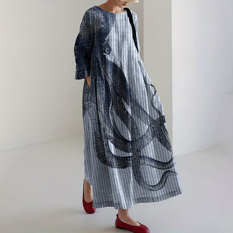 Comstylish Japanese Art Stripe Octopus Print Casual Art Linen Blend Long Sleeve Maxi Dress