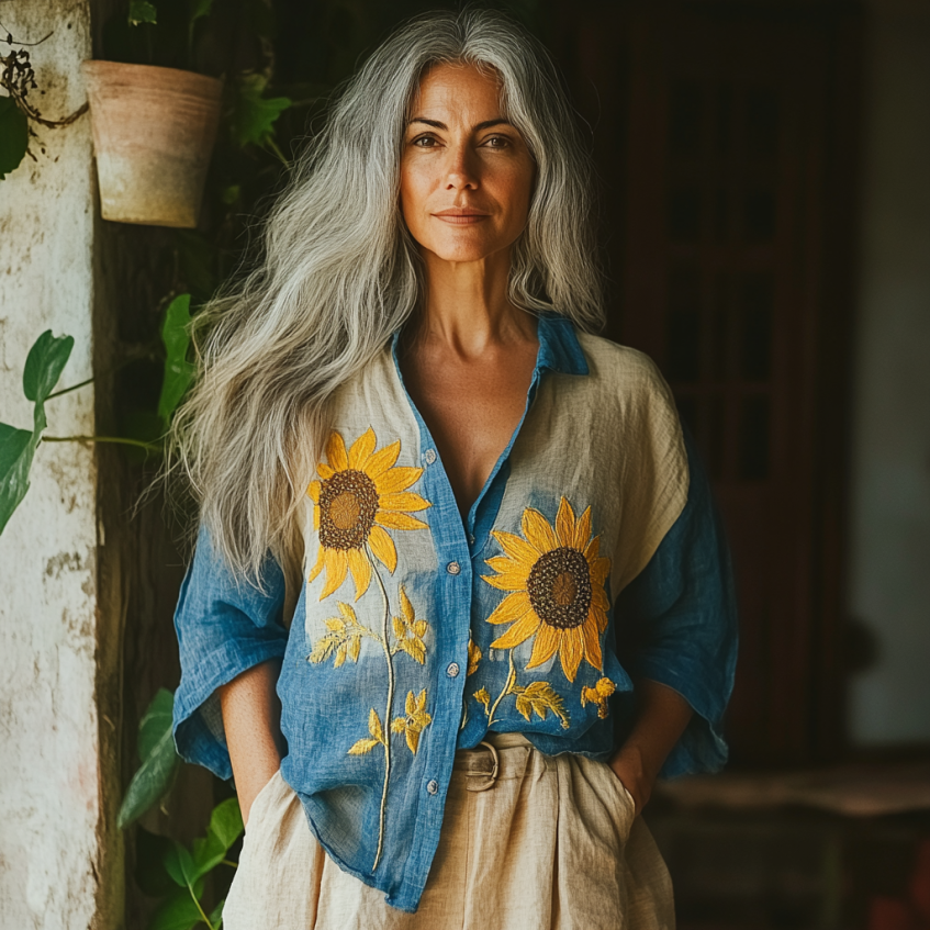 Bohemian Linen Floral Ukraine Sunflower Gradient Art Print Long Sleeve Shirt artswardrobe