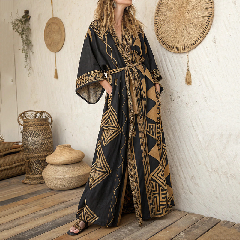 Women's Vintage Ethnic Art Linen V-neck Robe artswardrobe