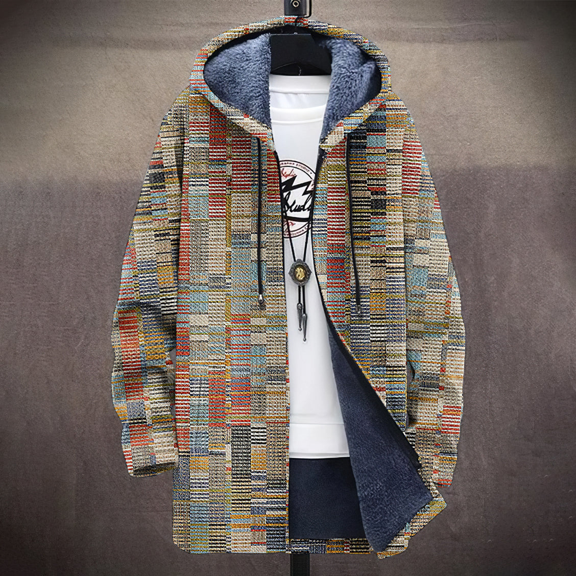 Men's Vintage Abstract Geometric Art Comfort Plush Hooded Coat elevenforest