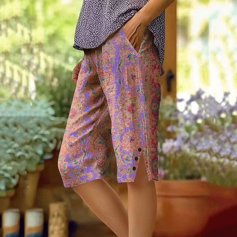 Retro Bohemian Style Ethnic Totem Pattern Art Graphics Button Slit Design Cozy Linen Shorts artswardrobe