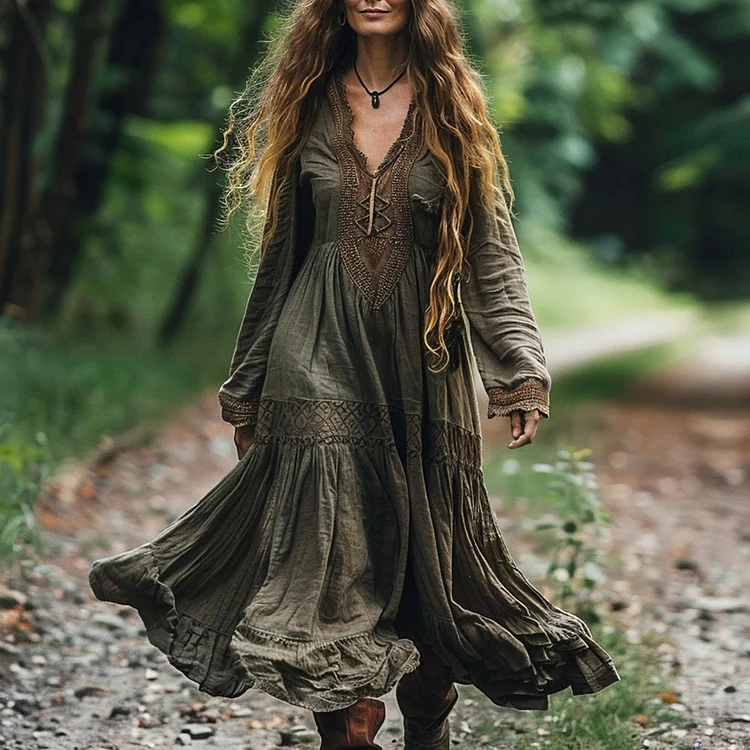 Vintage Bohemian Linen Ethnic Long-sleeve Casual Maxi Long V-neck Dress artswardrobe