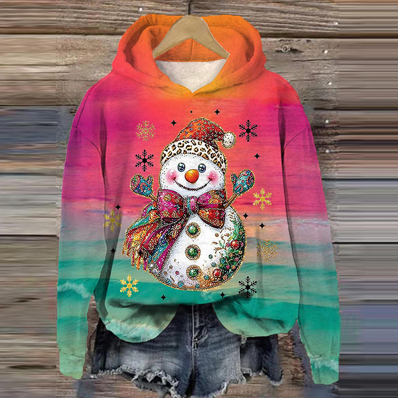 Comstylish Vintage Christmas Snowman Embroidery Print Hoodie