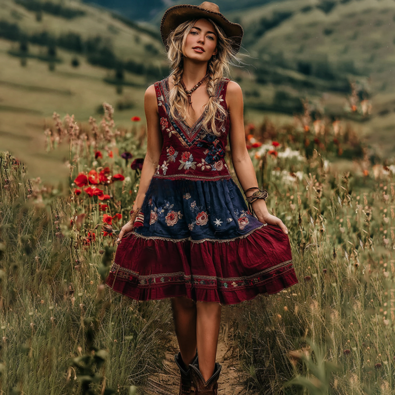 Women's Retro American Western Country Style Floral Embroidered Art Casual Linen Mini Dress artswardrobe