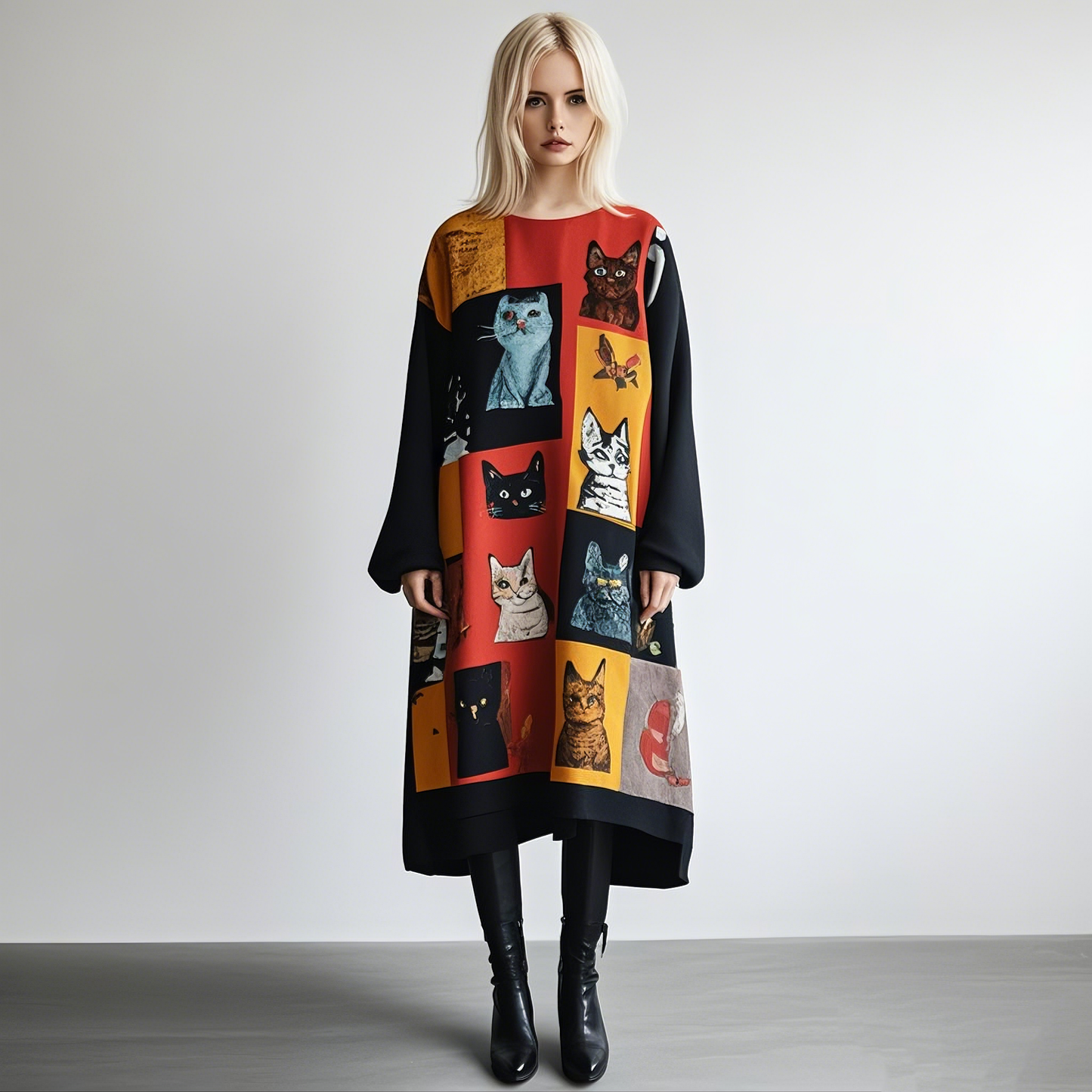 Pop Art Cat Patchwork Pattern Design Long Sleeves Midi Dress elevenforest