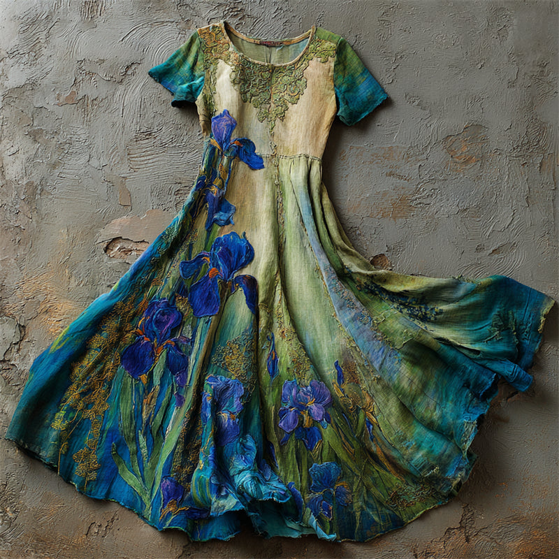 Oil Painting Irises Embroidered Lace Flowy Linen Maxi Dress