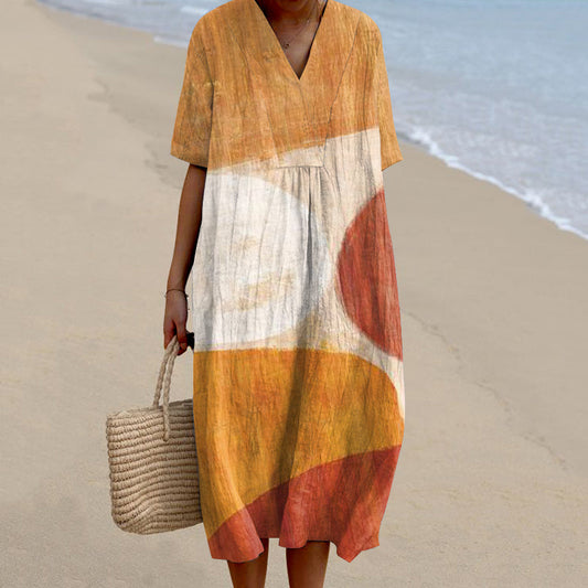 Comstylish Vintage Color Block Geometric Pattern Women'S Dress
