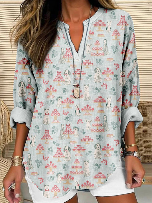 Comstylish Funny Dog Buffet Pattern Linen Blend Cozy Tunic
