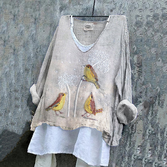Comstylish Women's Dandelions And Birds Art Loose V-neck Shirt