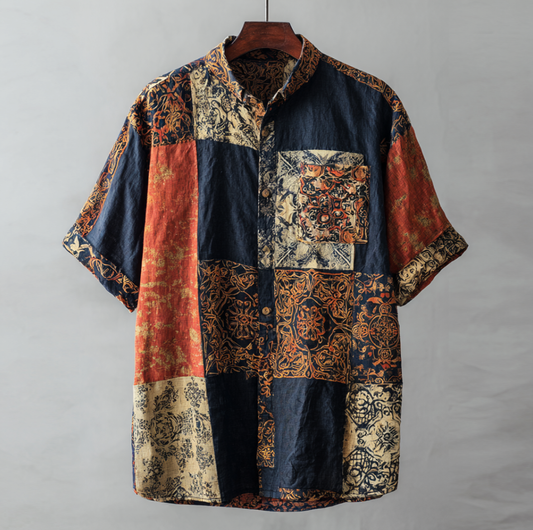 Western Style Bohemian Plant Flower Pattern Color Block Patchwork Retro Cotton And Linen Men's Shirt artswardrobe