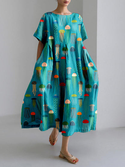 Comstylish Colorful Jellyfish Art Pattern Linen Blend Maxi Dress
